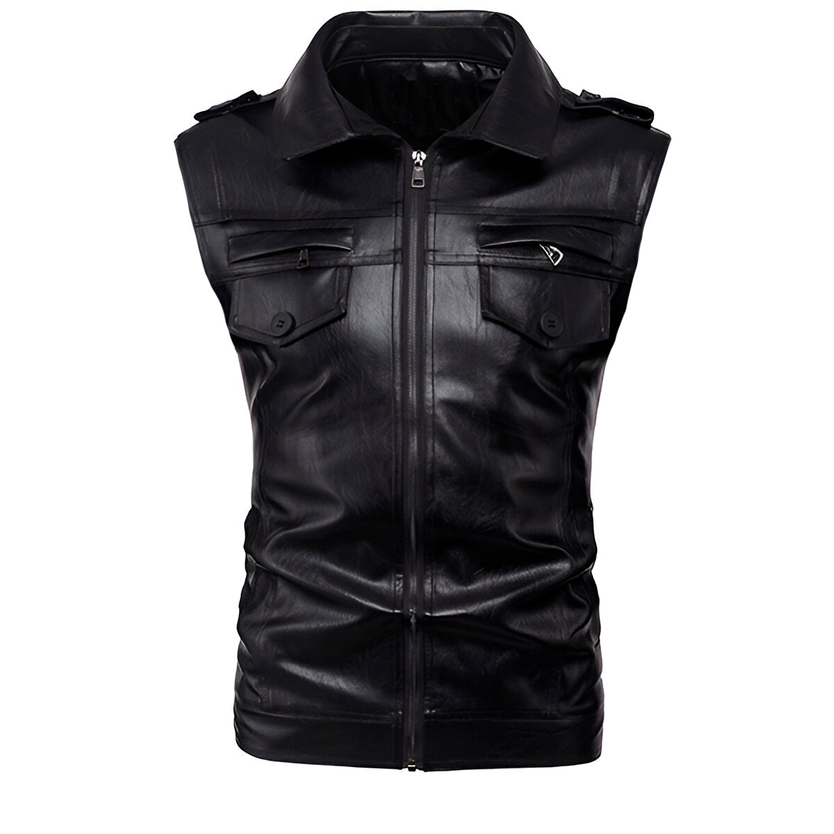 Chaleco de piel rockero para hombre con cuello tipo camisa biker Slim Fit