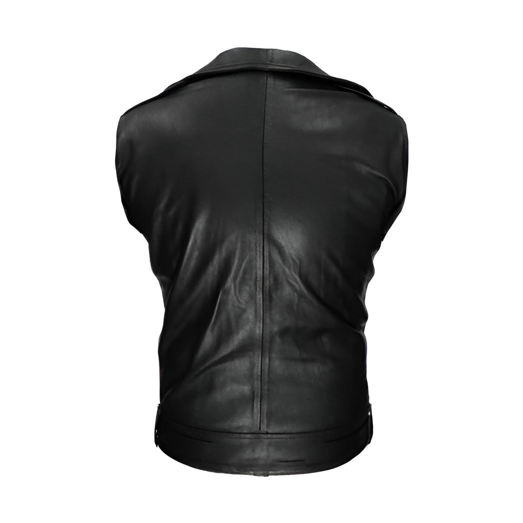 Chaleco de piel rockero hombre cierre cruzado Slim Fit biker vista trasera