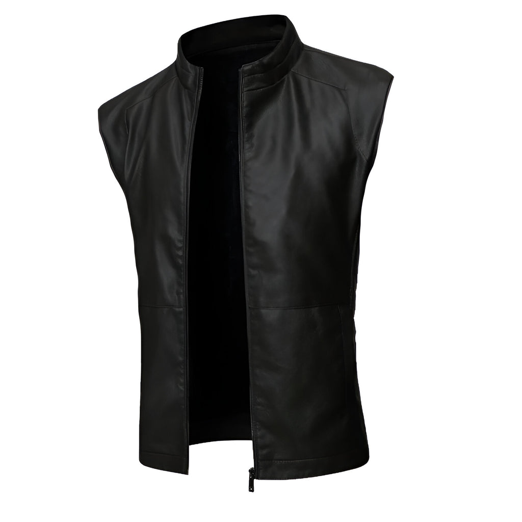 Chaleco de piel rockero para hombre estilo motociclista Slim Fit vista lateral