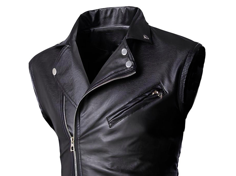 Chaleco de piel rockero para hombre cruzado estilo motociclista biker vista lateral