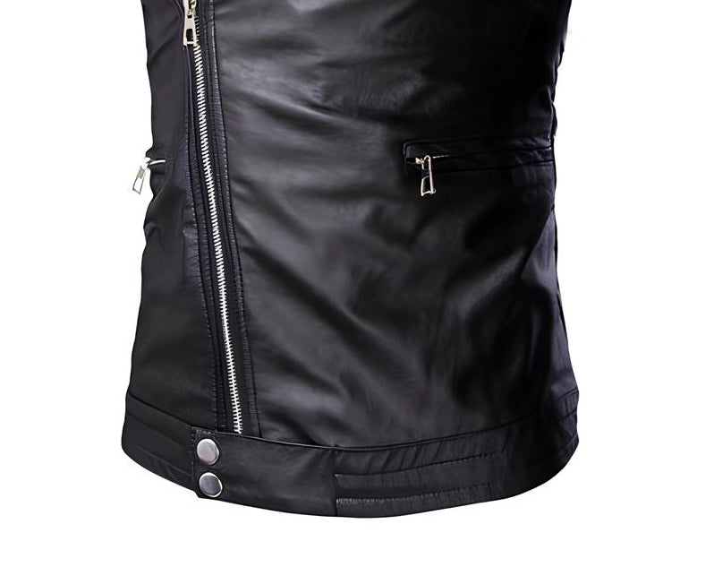 Cierres metálicos en chaleco de piel rockero cruzado para hombre