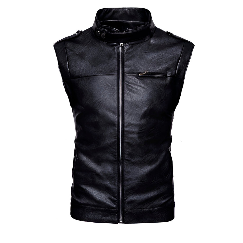 Chaleco de piel rockero para hombre biker con cuello alto y cinta
