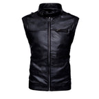 Chaleco de piel rockero para hombre biker con cuello alto y cinta