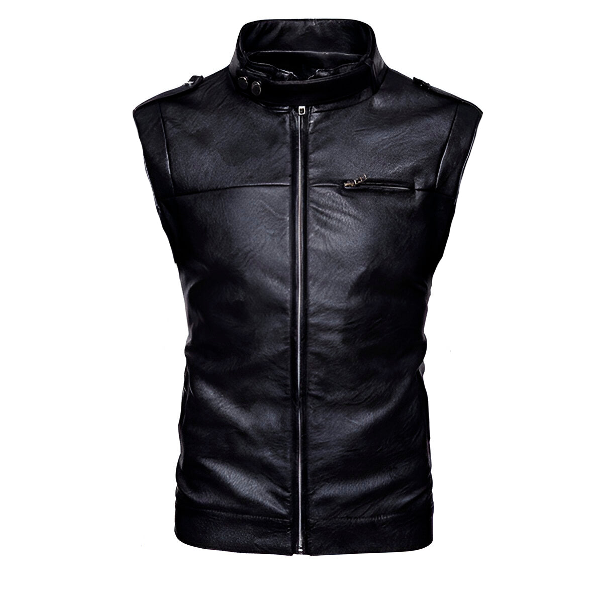 Chaleco de piel rockero para hombre biker con cuello alto y cinta