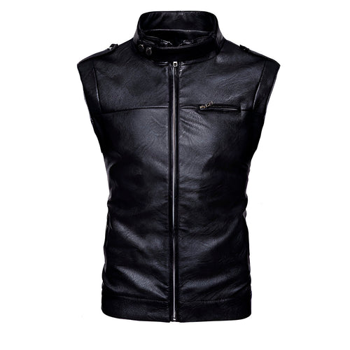 Chaleco de piel rockero para hombre biker con cuello alto y cinta