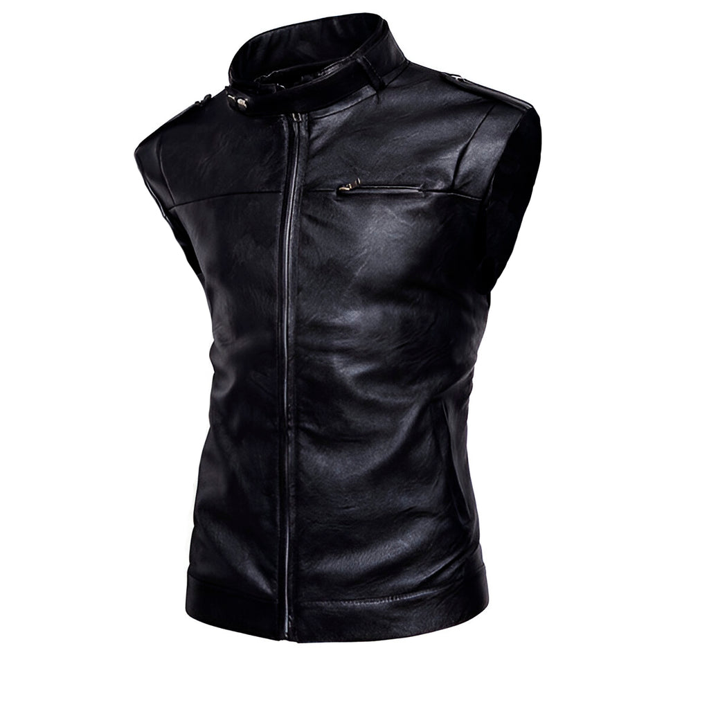 Chaleco de piel rockero para hombre estilo biker con cuello alto y cinta vista lateral