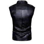 Chaleco de piel rockero hombre biker con cuello alto y cinta vista trasera