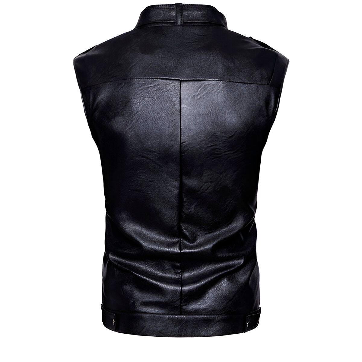 Chaleco de piel rockero hombre biker con cuello alto y cinta vista trasera