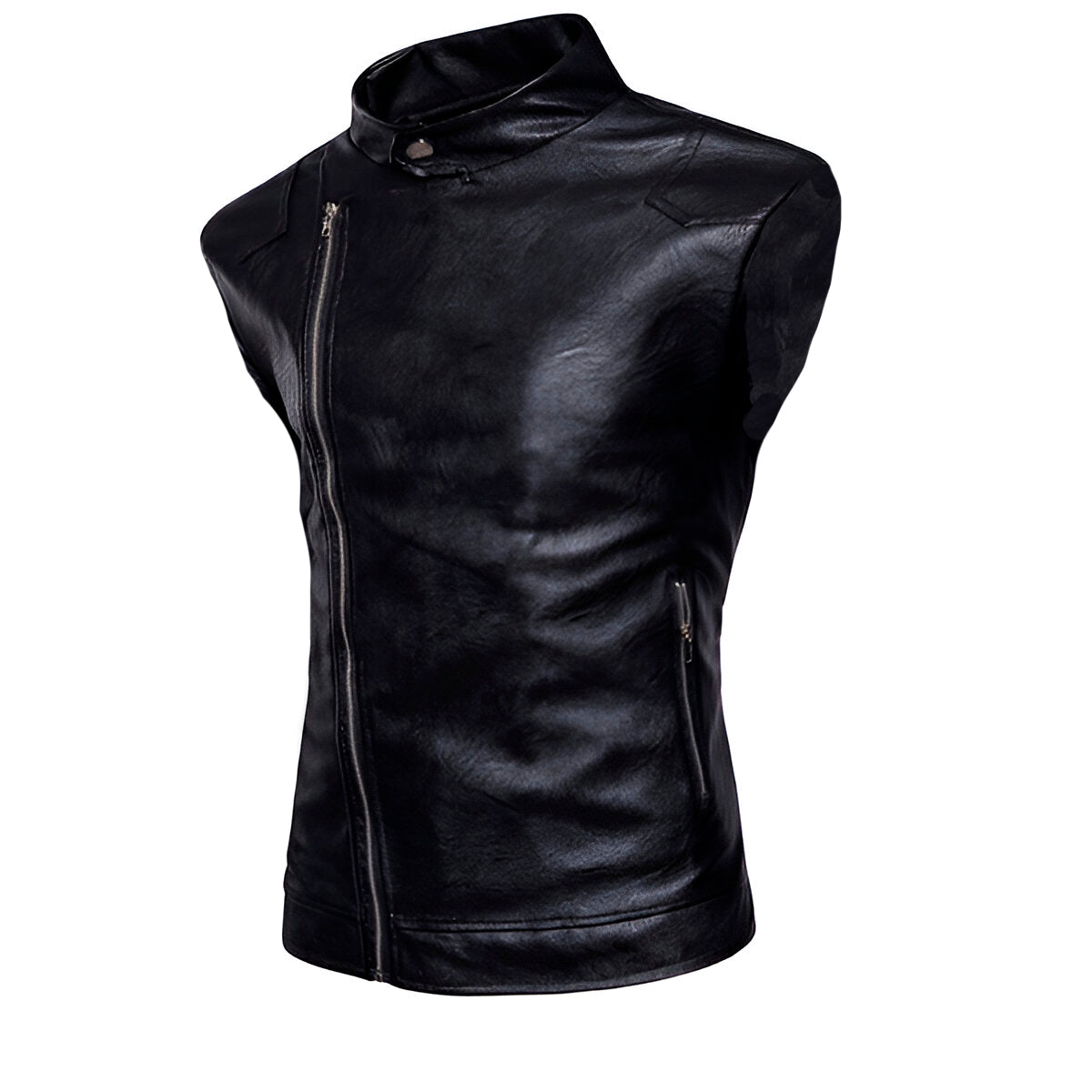 Chaleco de piel rockero para hombre Slim Fit con cierre cruzado biker vista lateral