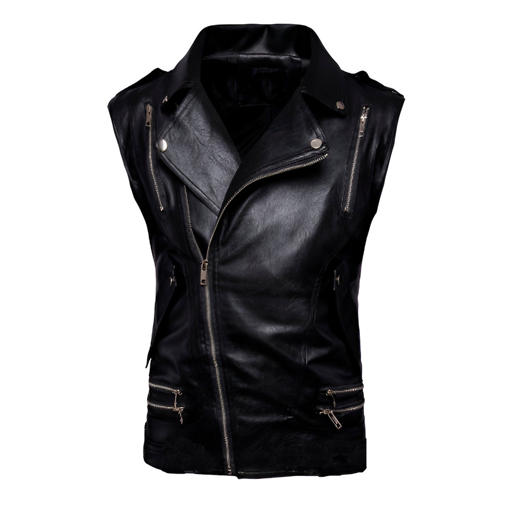 Chaleco de piel rockero cruzado para hombre con varios cierres estilo biker