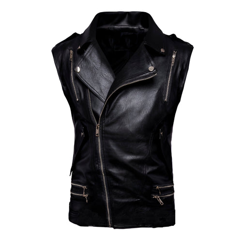 Chaleco de piel rockero cruzado para hombre con varios cierres estilo biker