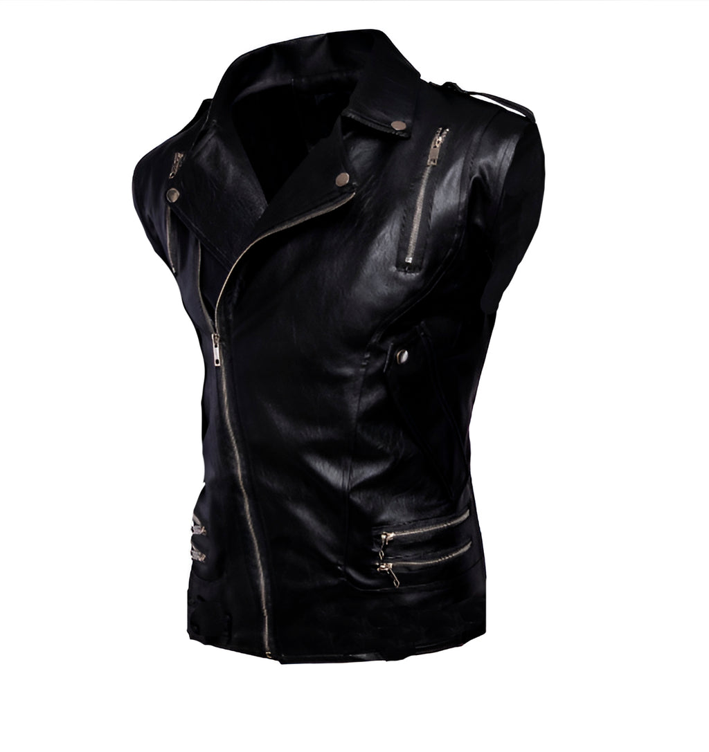 Chaleco de piel rockero cruzado para hombre varios cierres biker vista lateral