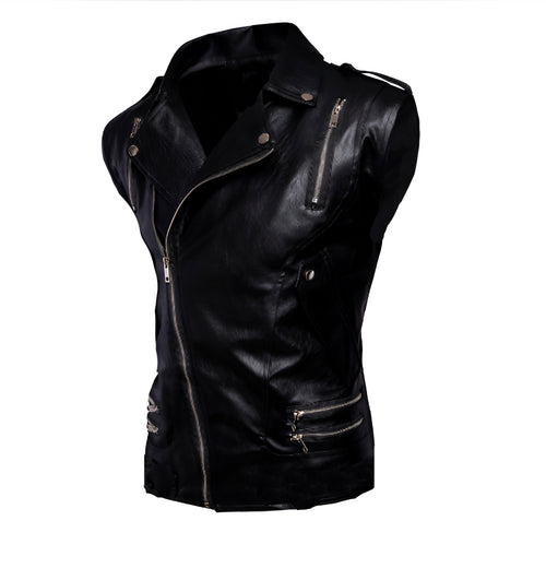 Chaleco de piel rockero cruzado para hombre varios cierres biker vista lateral