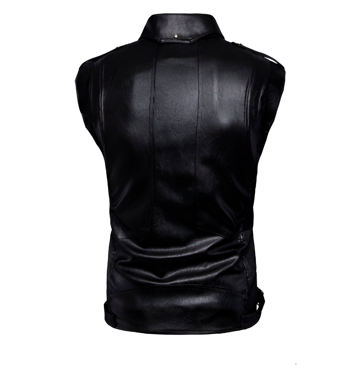 Chaleco de piel rockero cruzado hombre varios cierres biker vista trasera