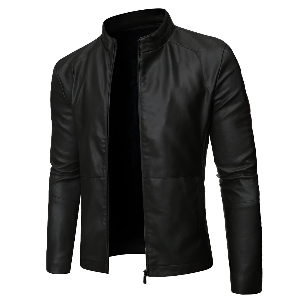 Chamarra de piel rockera para hombre Slim Fit estilo motociclista vista lateral