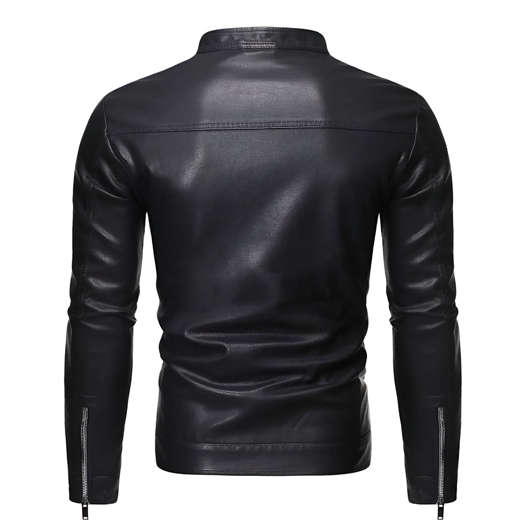 Chamarra de piel rockera hombre Slim Fit biker con cuello alto vista trasera