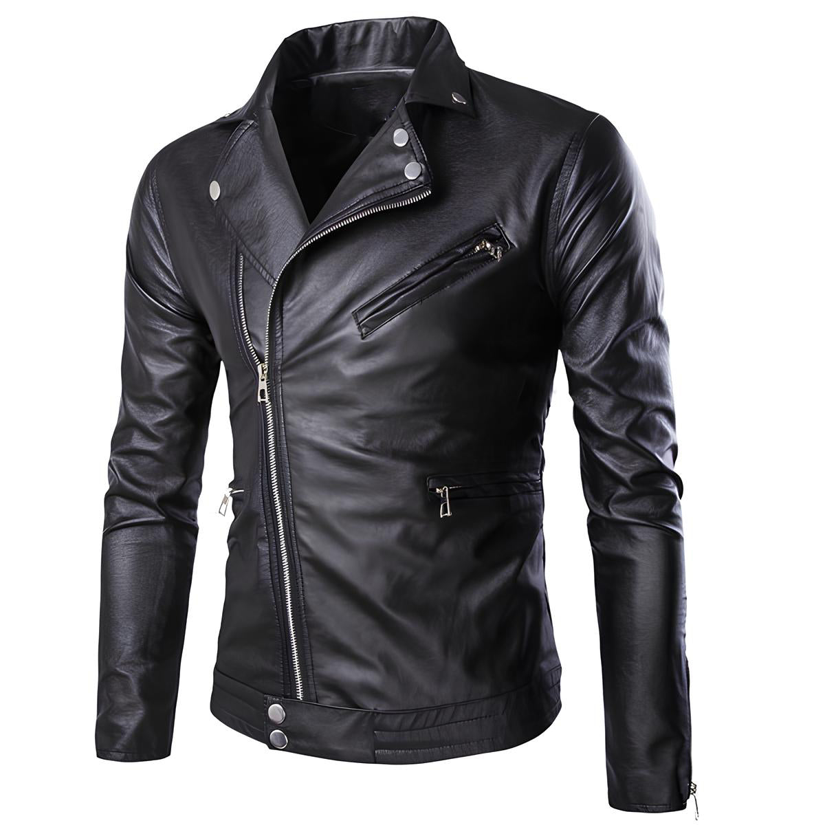 Chamarra de piel rockera para hombre cruzada estilo motociclista biker
