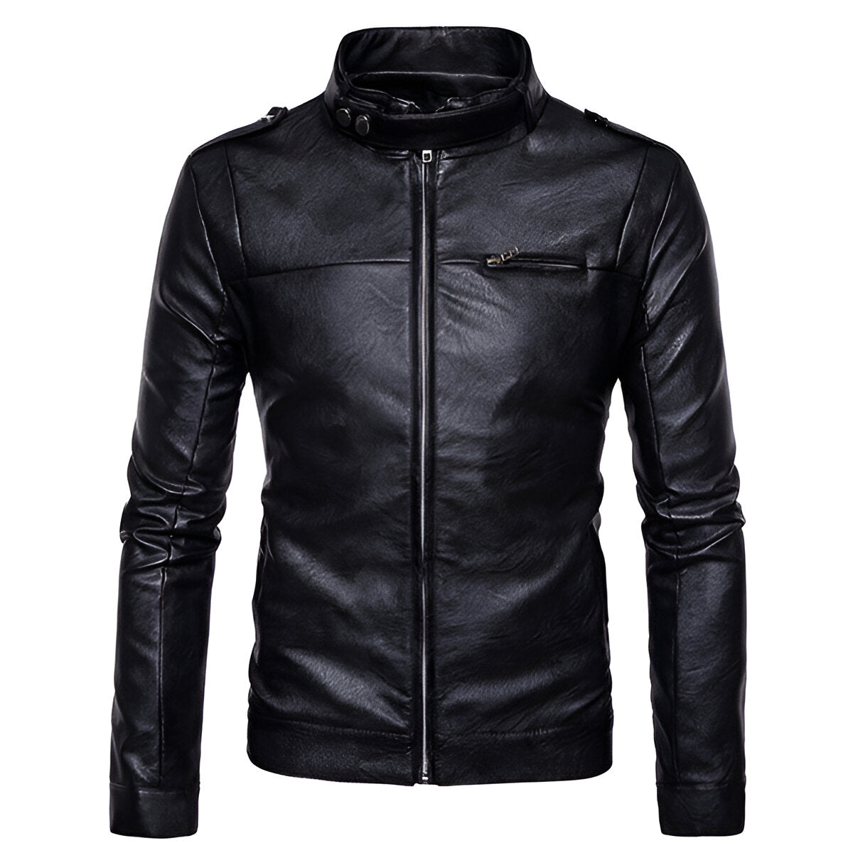Chamarra de piel rockera para hombre biker con cuello alto y cinta