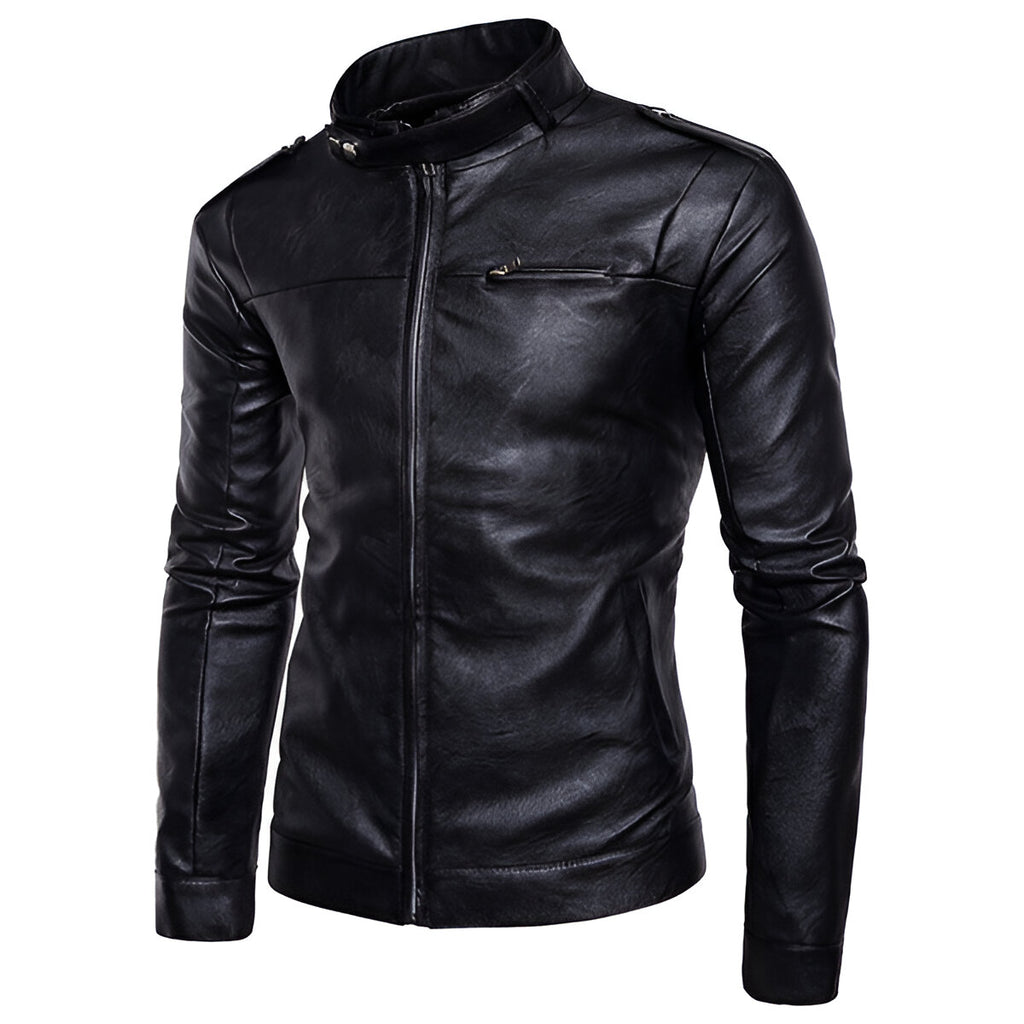 Chamarra de piel rockera para hombre biker con cuello alto y cinta vista lateral