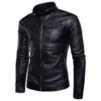Chamarra de piel rockera para hombre biker con cuello alto y cinta vista lateral