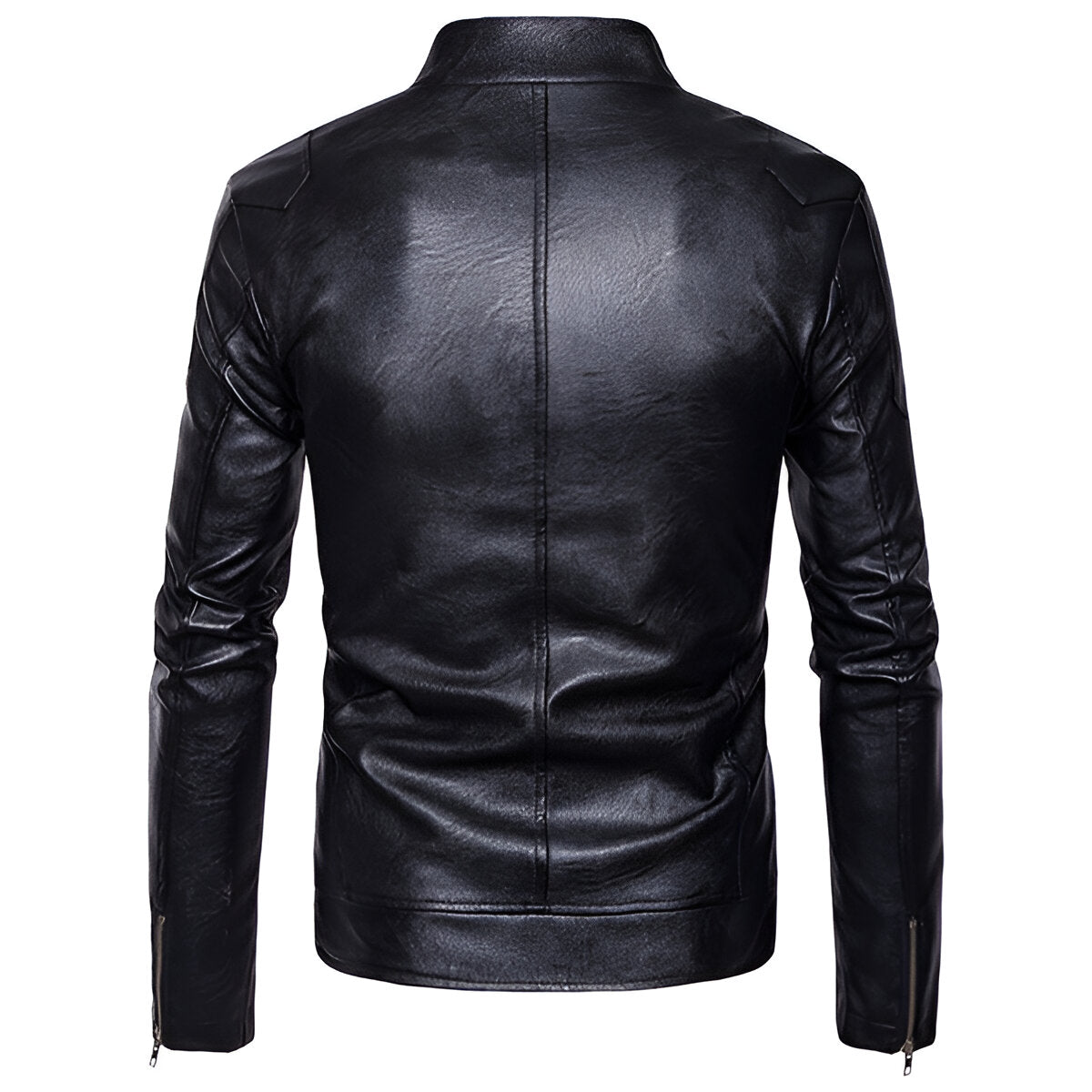 Chamarra de piel rockera hombre cierre cruzado estilo biker vista trasera