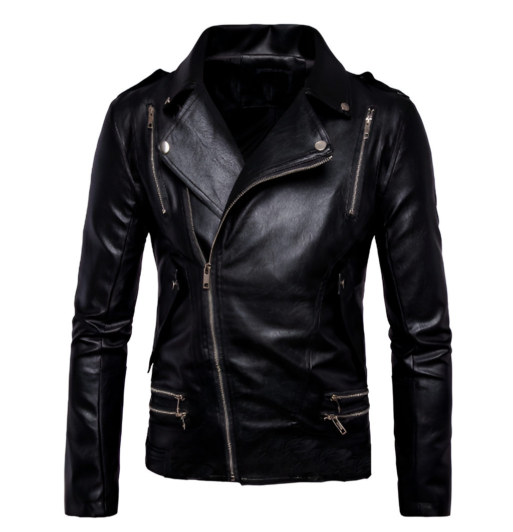 Chamarra de piel rockera cruzada para hombre con varios cierres estilo biker