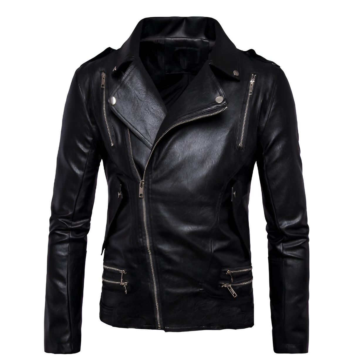 Chamarra de piel rockera cruzada para hombre con varios cierres estilo biker