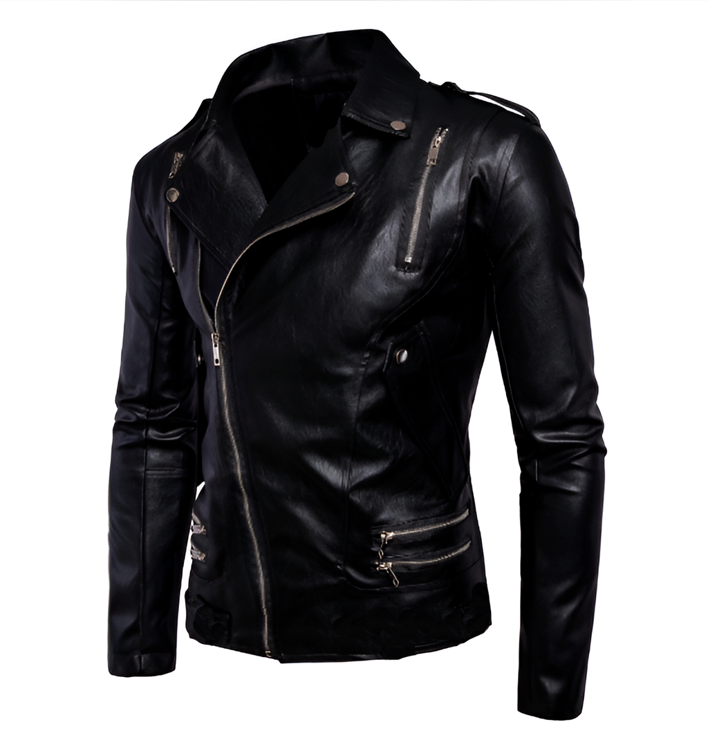 Chamarra de piel rockera cruzada para hombre varios cierres biker vista lateral