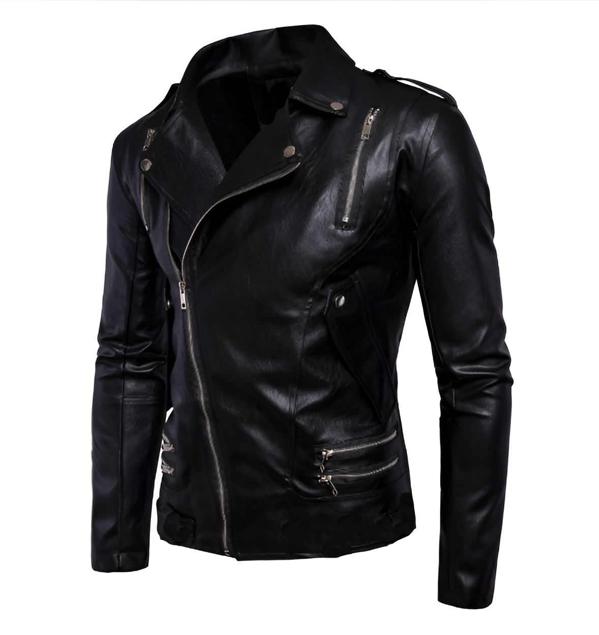 Chamarra de piel rockera cruzada para hombre varios cierres biker vista lateral