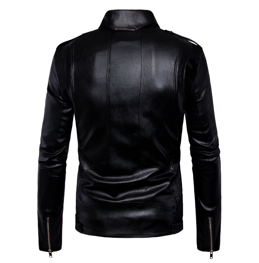 Chamarra de piel rockera cruzada hombre varios cierres biker vista trasera