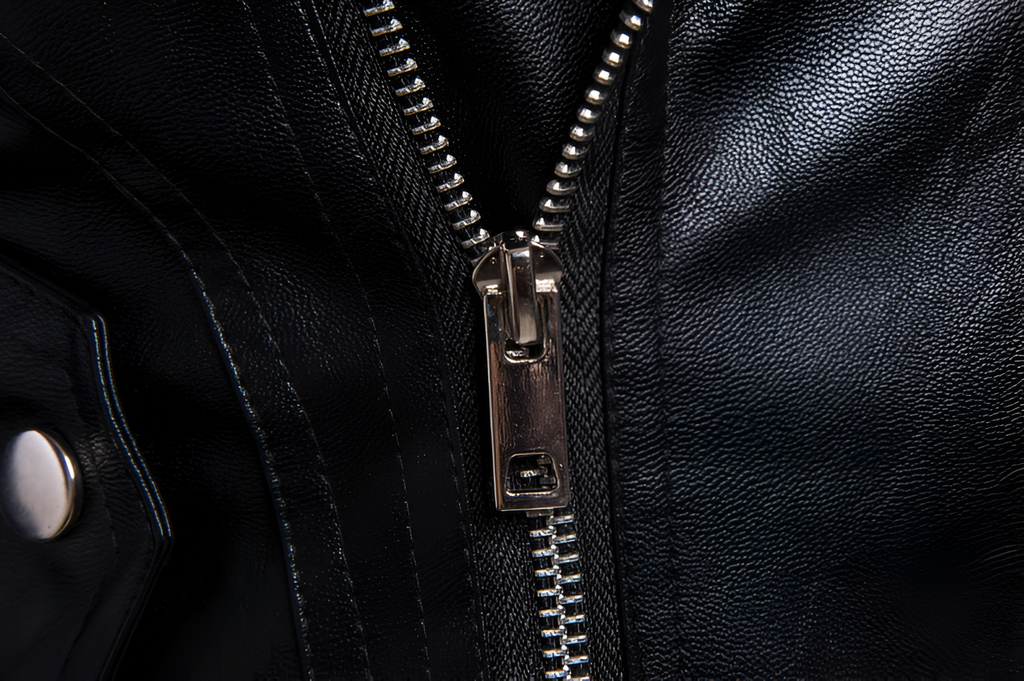 Detalle de cierre metálico frontal en chamarra de piel rockera cruzada estilo biker