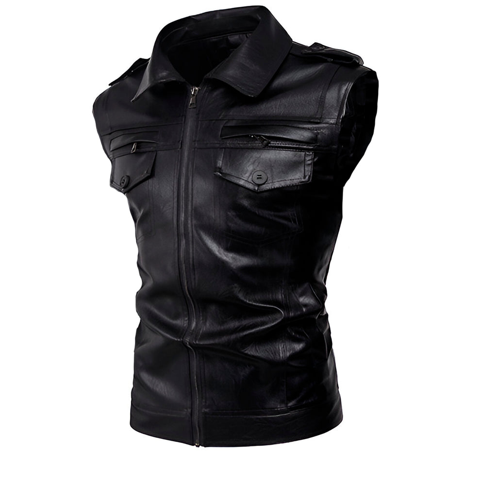 Chaleco de piel rockero para hombre cuello camisa biker Slim Fit vista lateral