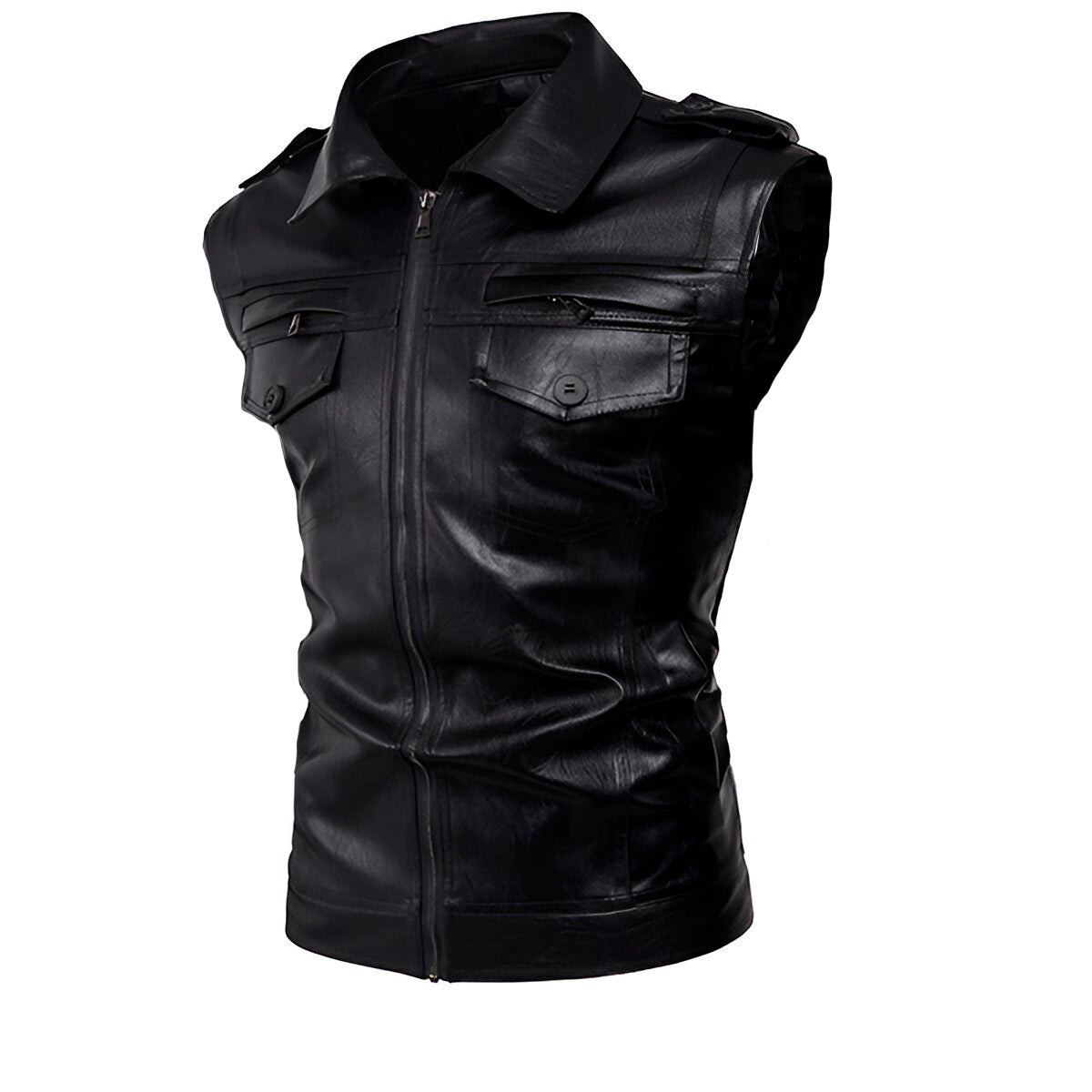 Chaleco de piel rockero para hombre cuello camisa biker Slim Fit vista lateral