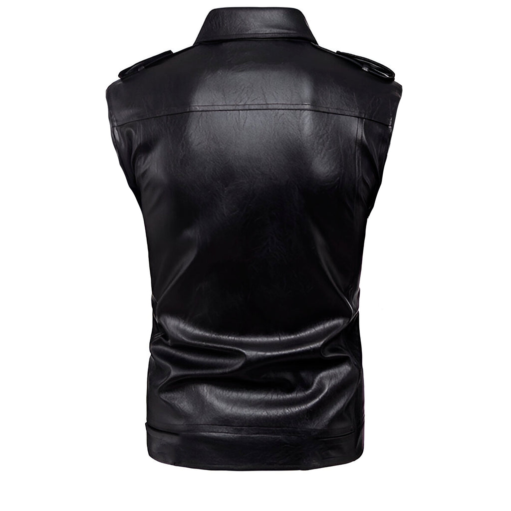 Chaleco de piel rockero hombre cuello camisa biker Slim Fit vista trasera