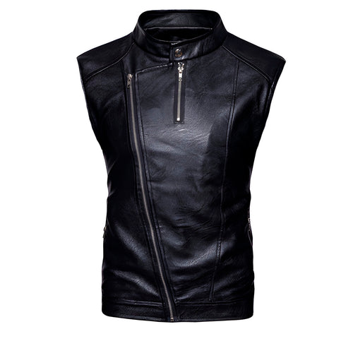Chaleco de piel rockero para hombre biker con cuello alto y cinta