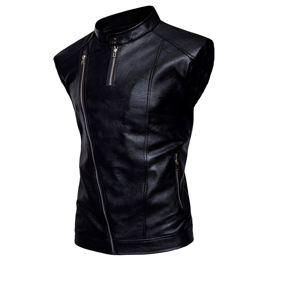 Chaleco de piel rockero para hombre biker con cuello alto y cinta vista lateral