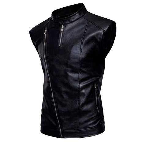 Chaleco de piel rockero para hombre biker con cuello alto y cinta vista lateral