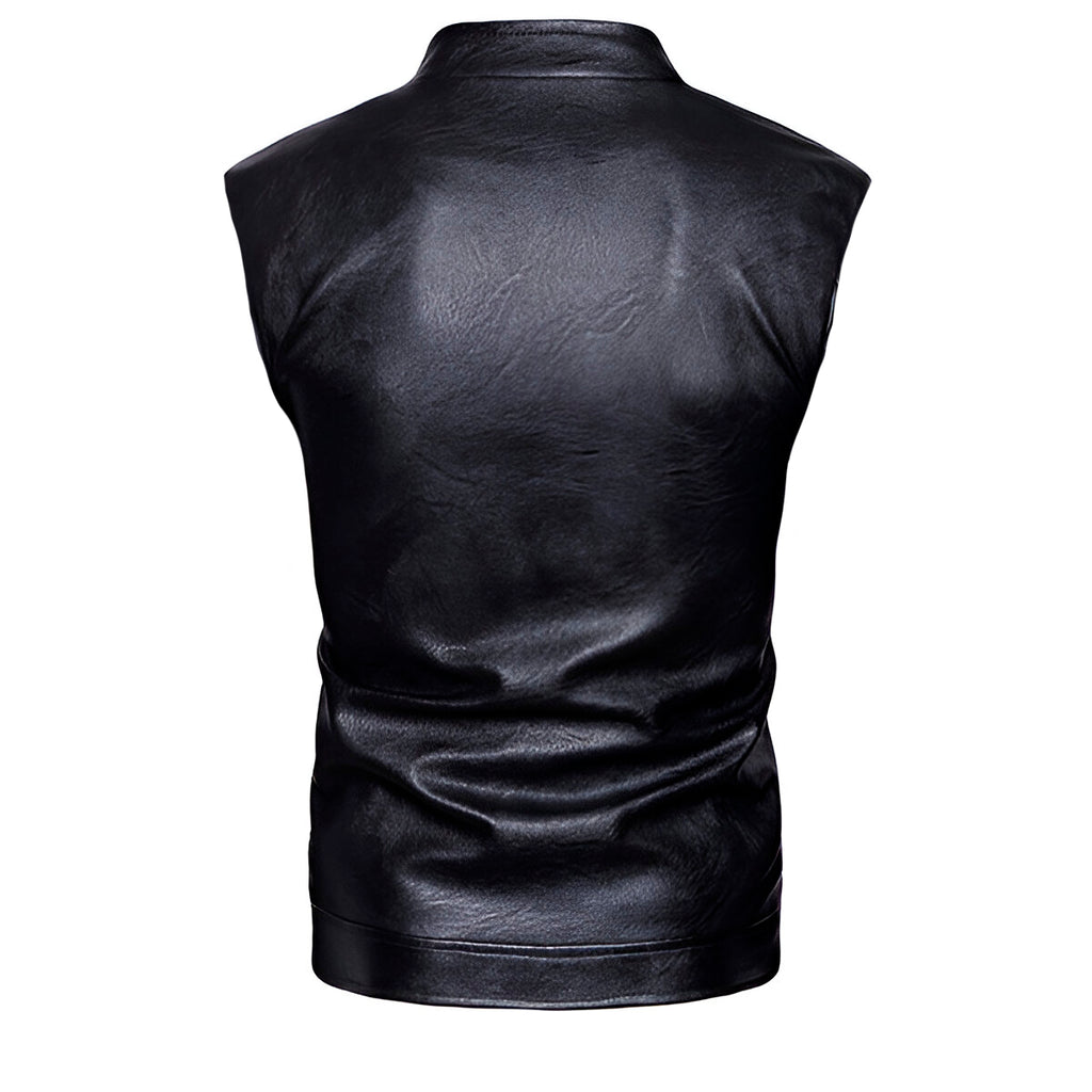 Chaleco de piel rockero hombre biker con cuello alto y cinta vista trasera