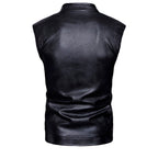 Chaleco de piel rockero hombre biker con cuello alto y cinta vista trasera