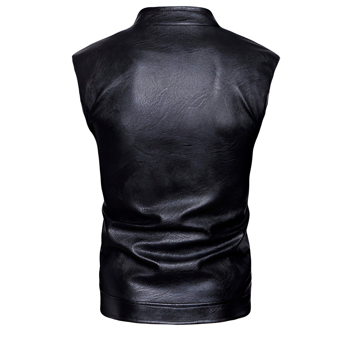 Chaleco de piel rockero hombre biker con cuello alto y cinta vista trasera