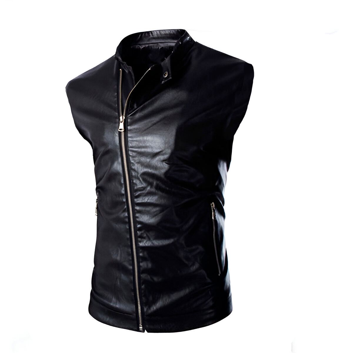 Chaleco de piel rockero cruzado para hombre estilo motociclista Slim Fit