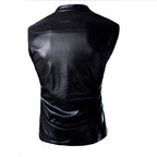Chaleco de piel rockero cruzado hombre estilo motociclista Slim Fit vista trasera