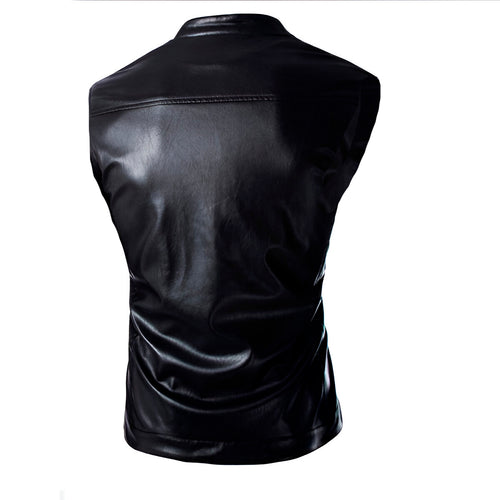Chaleco de piel rockero cruzado hombre estilo motociclista Slim Fit vista trasera