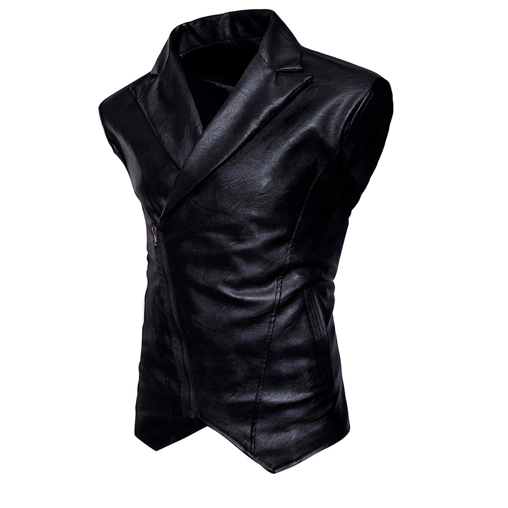 Chaleco de piel rockero cruzado para hombre tipo saco biker vista lateral