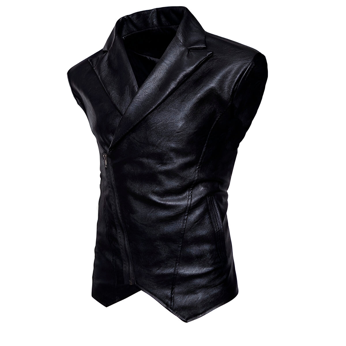 Chaleco de piel rockero cruzado para hombre tipo saco biker vista lateral