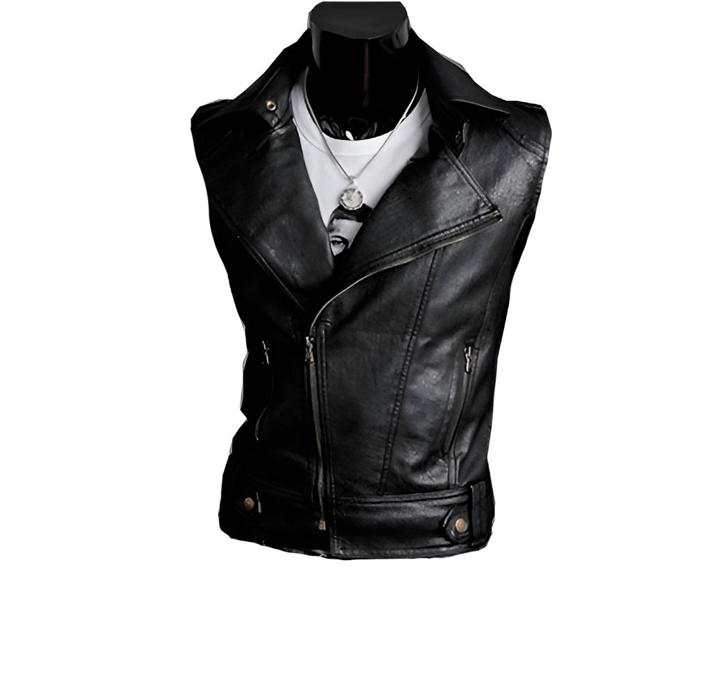 Chaleco de piel rockero cruzado para hombre estilo motociclista Slim Fit