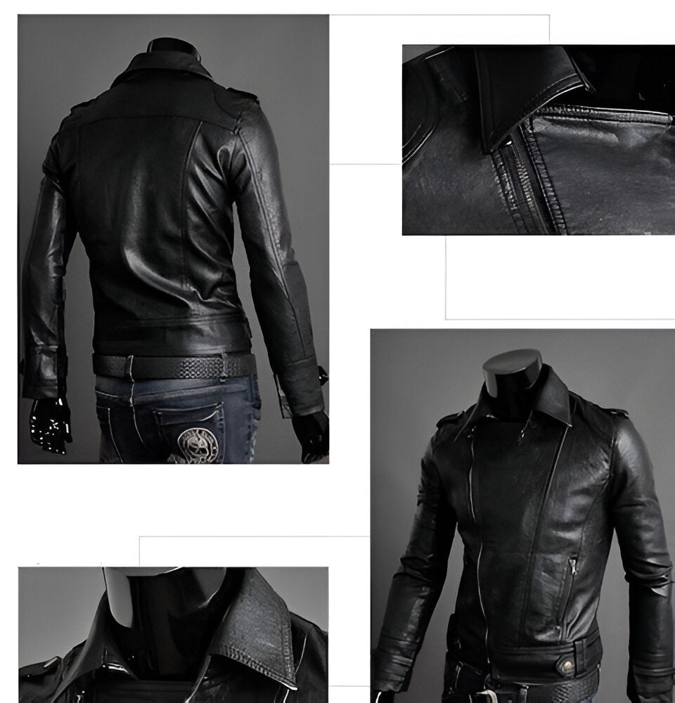 Textura de piel genuina en chamarra rockera cruzada para hombre