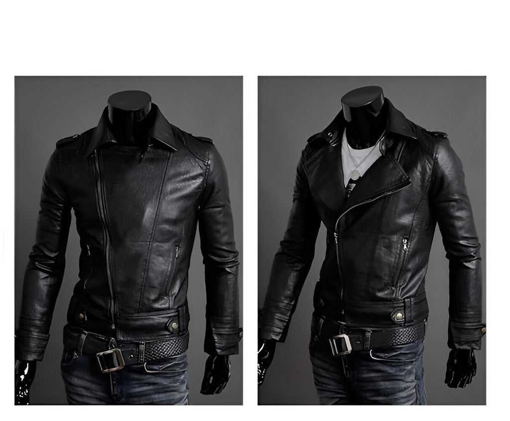Chamarra de piel rockera cruzada hombre motociclista Slim Fit vista frontal