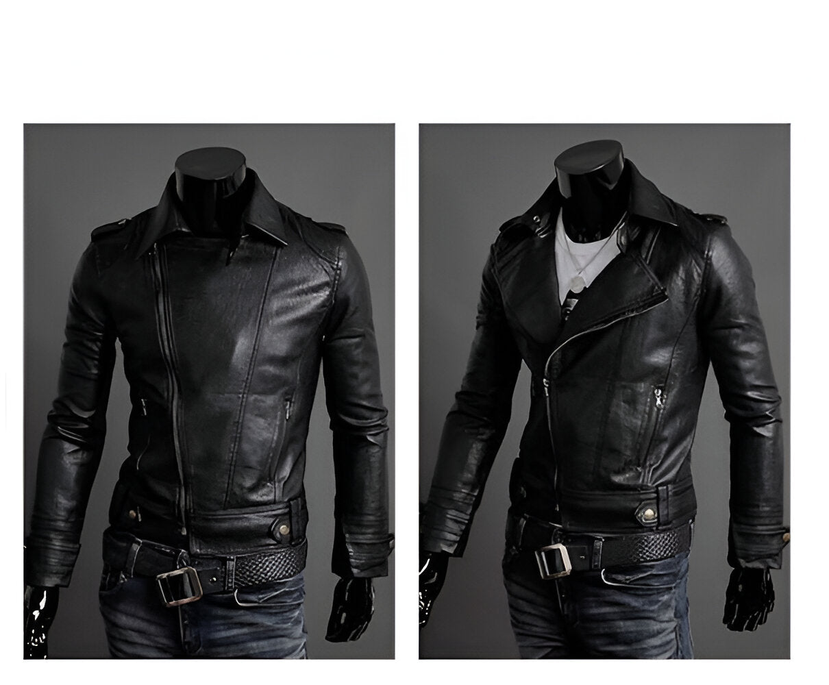 Chamarra de piel rockera cruzada hombre motociclista Slim Fit vista frontal