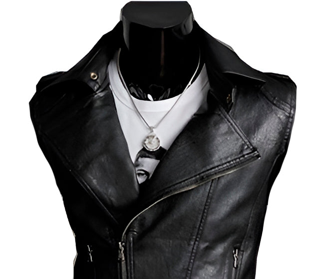 Textura de piel genuina en chaleco rockero cruzado para hombre estilo motociclista
